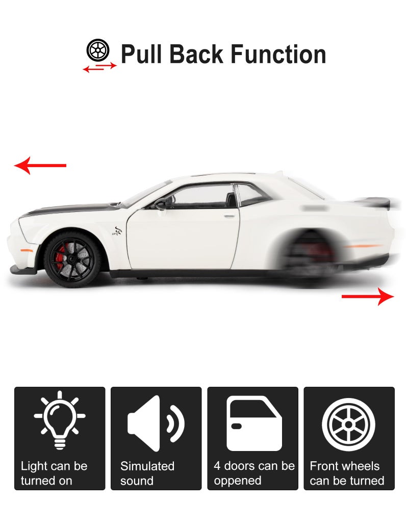 LOVEPOSELY متوافق مع 1/24 دودج تشالنجر SRT Hellcat نموذج سيارة قابل للجمع، نموذج سيارة مصبوب مع أضواء وأصوات لعبة سيارة سحب للخلف للبالغين والأطفال تزيين هدايا عيد الميلاد (أبيض) - Image 2